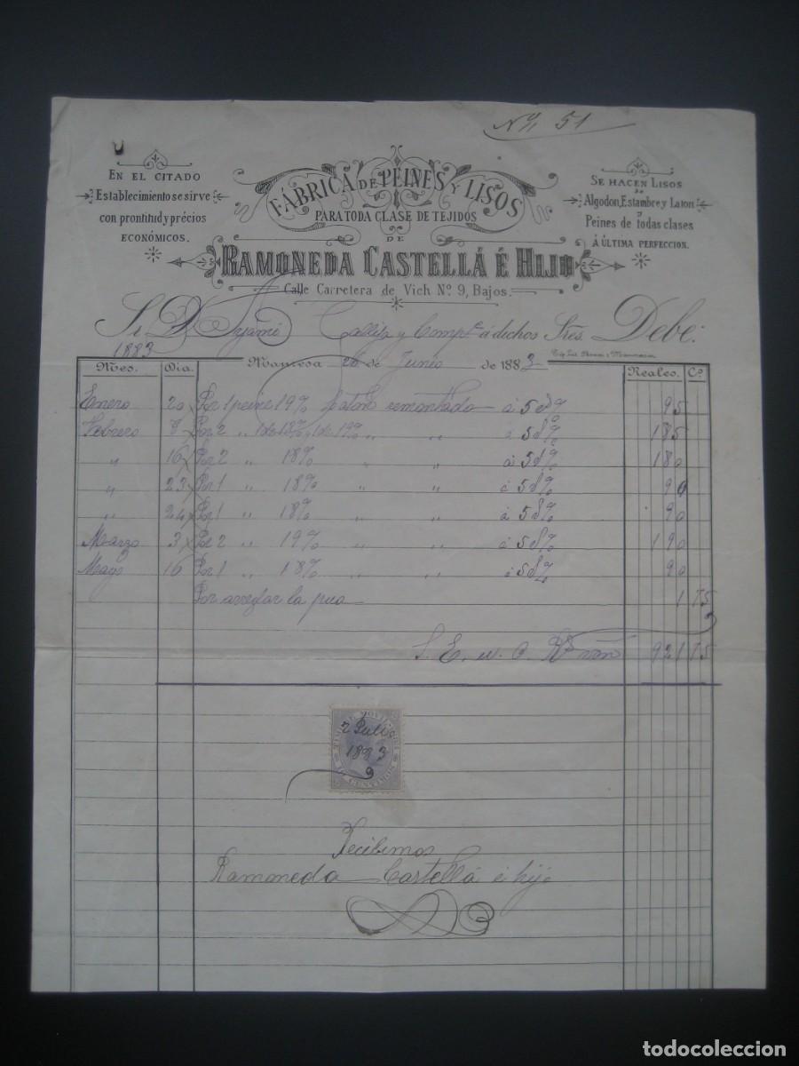 Facturas antiguas: FACTURA FABRICA DE PEINES Y LISOS. RAMONEDA CASTELLA E HIJO. MANRESA 1883. CON SELLO