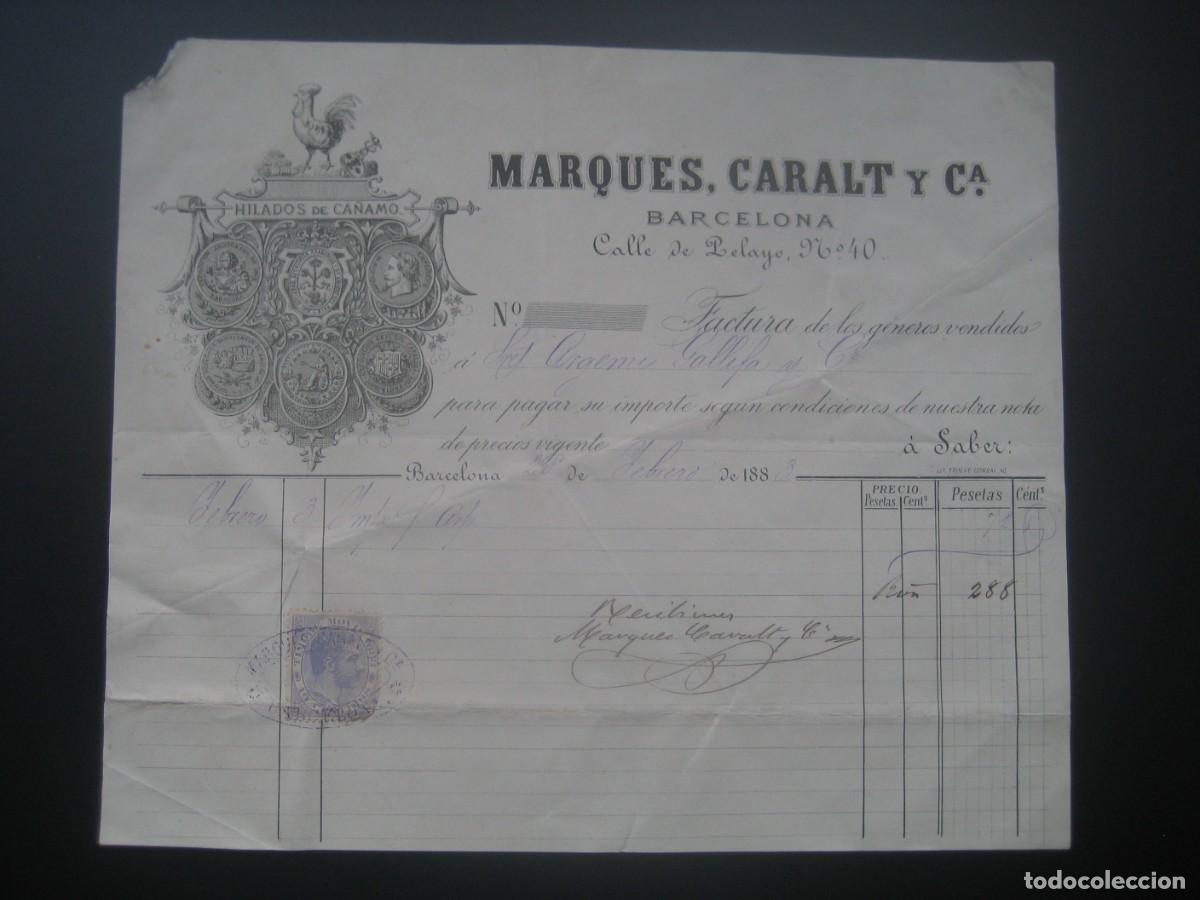 Facturas antiguas: FACTURA HILADOS DE CA&Ntilde;AMO. MARQUES CARALT Y CIA. BARCELONA 1883. CON SELLO N&ordm;2