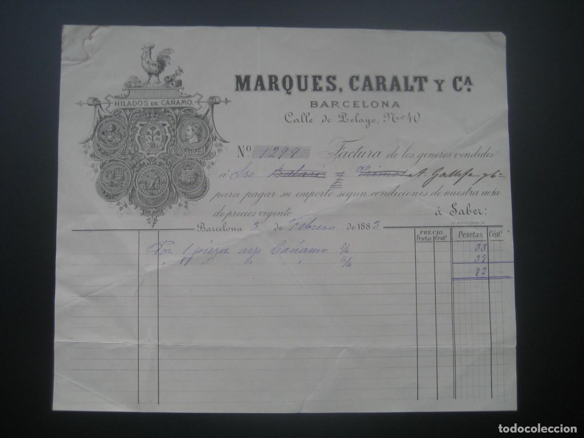 Facturas antiguas: FACTURA HILADOS DE CA&Ntilde;AMO. MARQUES CARALT Y CIA. BARCELONA 1883. N&ordm;1
