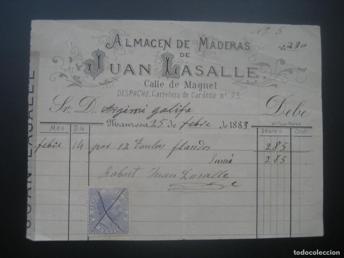 Facturas antiguas: FACTURA ALMACEN DE MADERAS. JUAN LASALLE. MANRESA 1883. CON SELLO