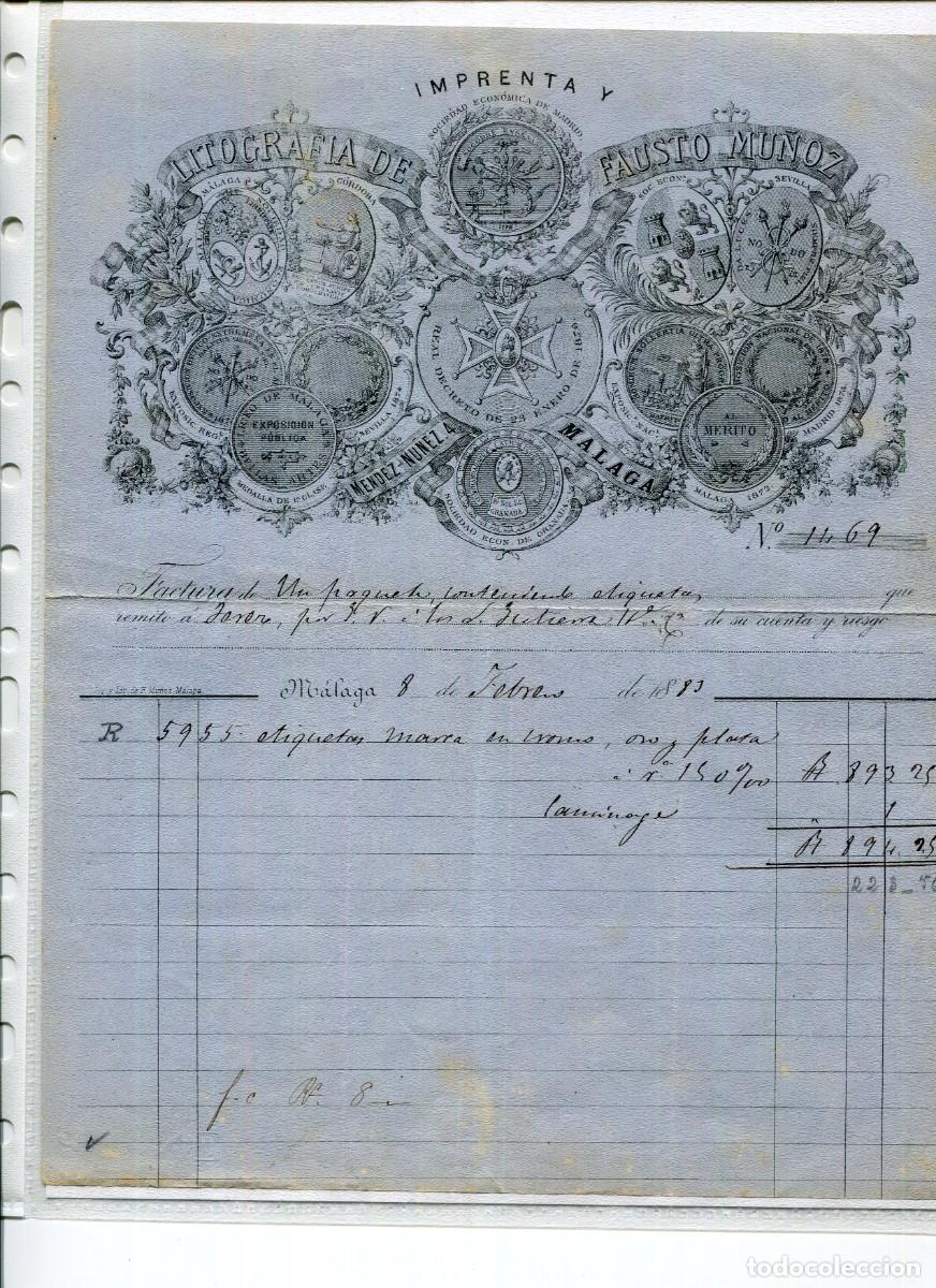 Facturas antiguas: M&Aacute;LAGA-IMPRENTA Y LITOGRAFIA DE FAUSTO MU&Ntilde;OZ-A&Ntilde;O 1883