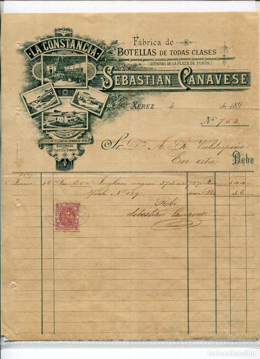 Facturas antiguas: XEREZ-F&Aacute;BRICA DE BOTELLAS DE TODAS CLASES-SEBASTIAN CANAVESE-A&Ntilde;O 1897