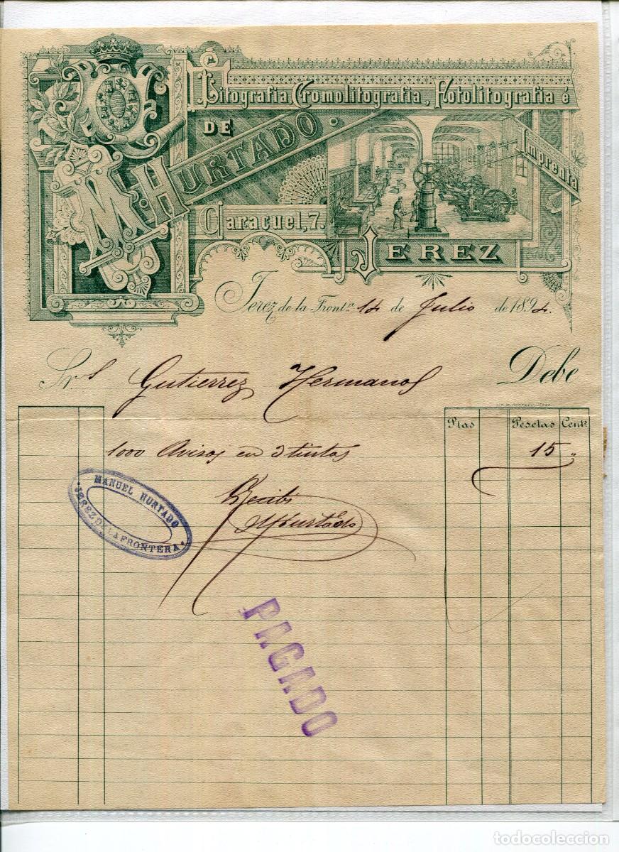 Facturas antiguas: JEREZ-LITOGRAFIA-CROMOLITOGRAFIA-FOTOLITOGRAFIA-IMPRENTA DE M. HURTADO-A&Ntilde;O 1894