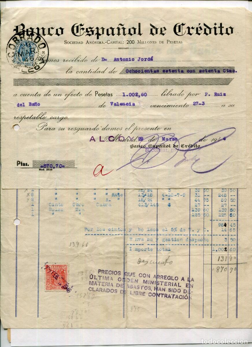 Facturas antiguas: ALCOY-BANCO ESPA&Ntilde;OL DE CREDITO-RECIBO-F&Aacute;BRICA ARTICULOS PIEL-DOLORES RUIZ DEL BA&Ntilde;O-A&Ntilde;O 1946