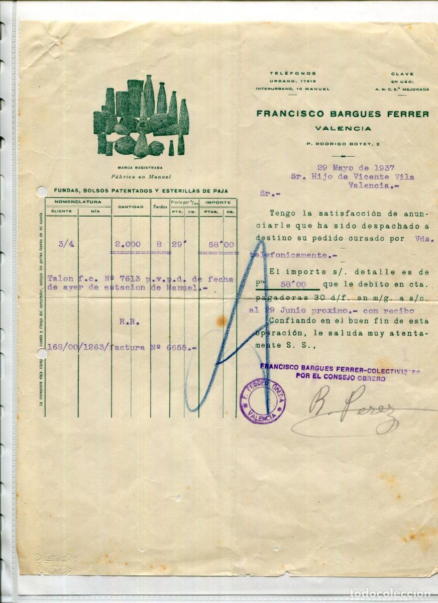 Facturas antiguas: VALENCIA--F&Aacute;BRICA FUNDAS BOLSOS ESTERILLAS PAJA DE F. BARGUES-A&Ntilde;O 1937(COLECTIVIZADA POR CJO OBRERO