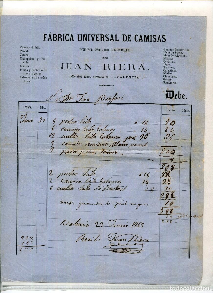 Facturas antiguas: VALENCIA-F&Aacute;BRICA DE CAMISAS JUAN RIERA-A&Ntilde;O 1869