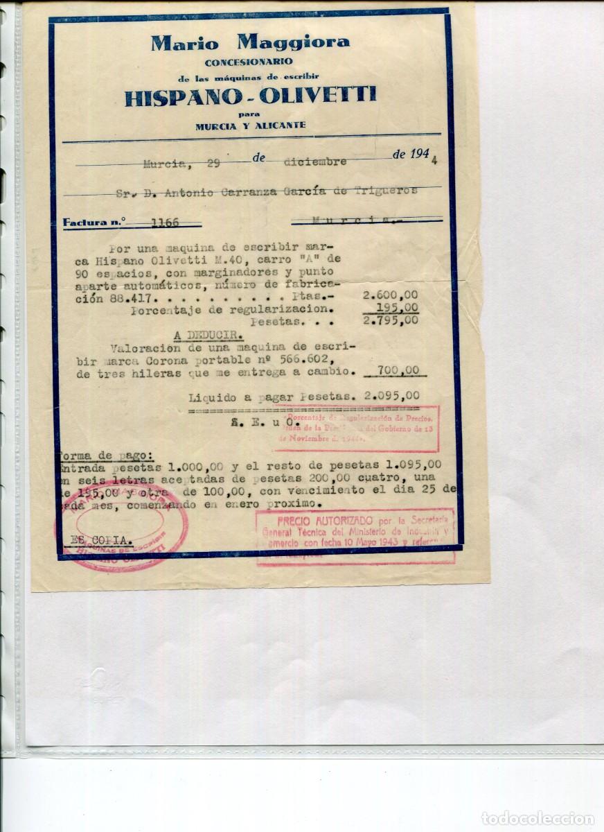 Facturas antiguas: MURCIA-HISPANO OLIVETTI-CONCESIONARIO M. MAGGIORA-A&Ntilde;O 1944 (M&Aacute;QUINAS DE ESCRIBIR)