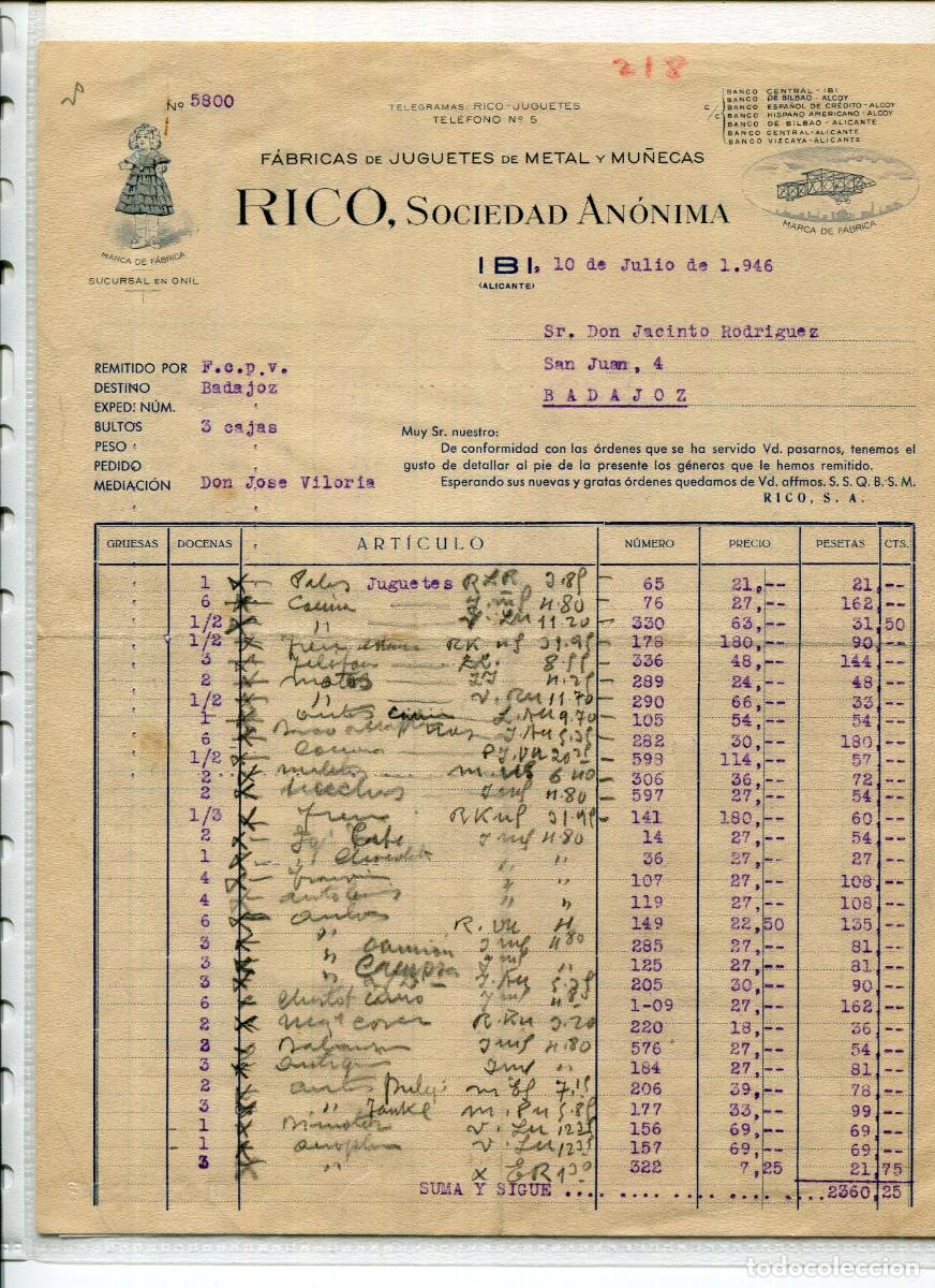 Facturas antiguas: IBI-F&Aacute;BRICA DE JUGUETES METAL Y MU&Ntilde;ECAS RICO S.A.-A&Ntilde;O 1946