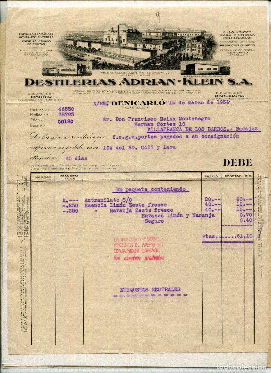 Facturas antiguas: BENICARL&Oacute;-DESTILERIAS ADRIAN-KLEIN S.A.-A&Ntilde;O 1934