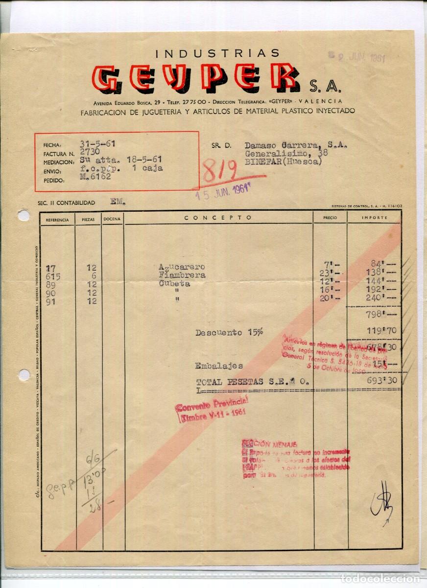 Facturas antiguas: VALENCIA-FABRICA DE JUGUETER&Iacute;A-I. GEYPER-A&Ntilde;O 1961