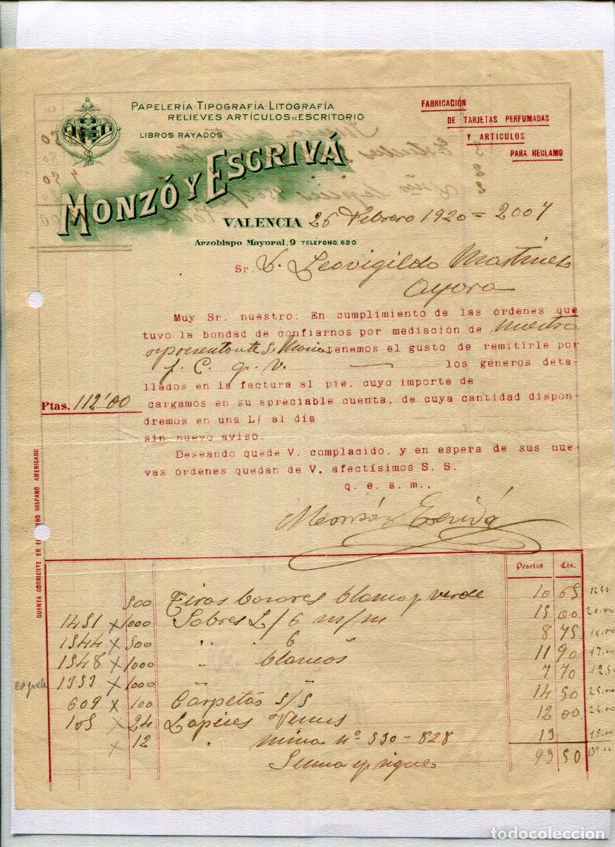 Facturas antiguas: VALENCIA-PAPELER&Iacute;A TIPOGRAF&Iacute;A LITOGRAF&Iacute;A MONZ&Oacute; Y ESCRIV&Aacute;-A&Ntilde;O 1920