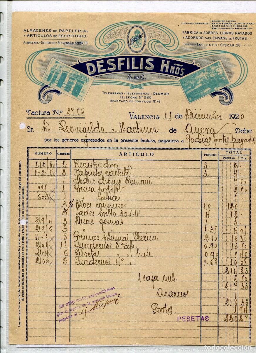 Facturas antiguas: VALENCIA-ALMACENES DE PAPELER&Iacute;A Y ESCRITORIO DESFILIS HNOS-CARTA MODERNISTA-A&Ntilde;O 1920