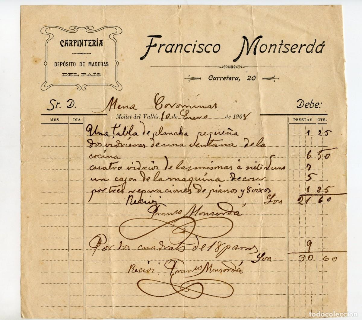 Facturas antiguas: Recibo manuscrito antiguo por trabajos de carpinter&iacute;a Mollet del Vall&eacute;s, Enero de 1908
