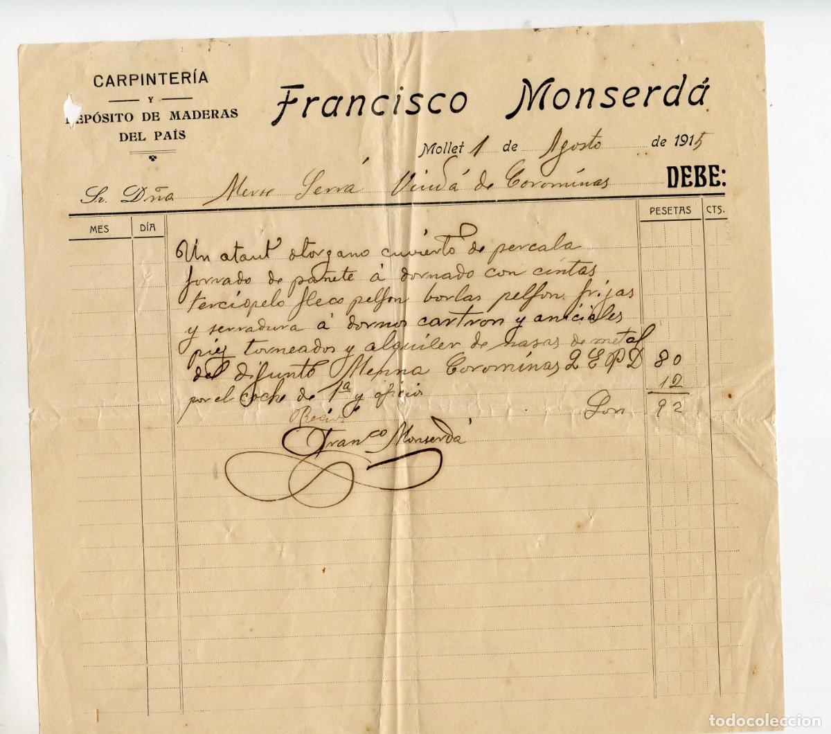 Facturas antiguas: Recibo manuscrito antiguo por trabajos de carpinter&iacute;a, Mollet del Vall&eacute;s, 1 de Agosto de 1915