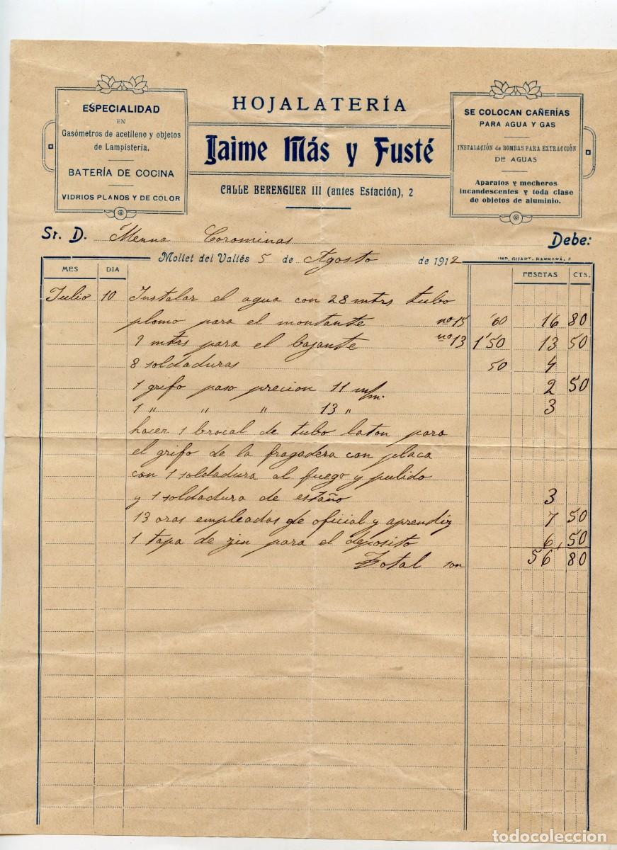 Facturas antiguas: Recibo manuscrito antiguo por trabajos de lampister&iacute;a, Mollet 5 de Agosto de 1912