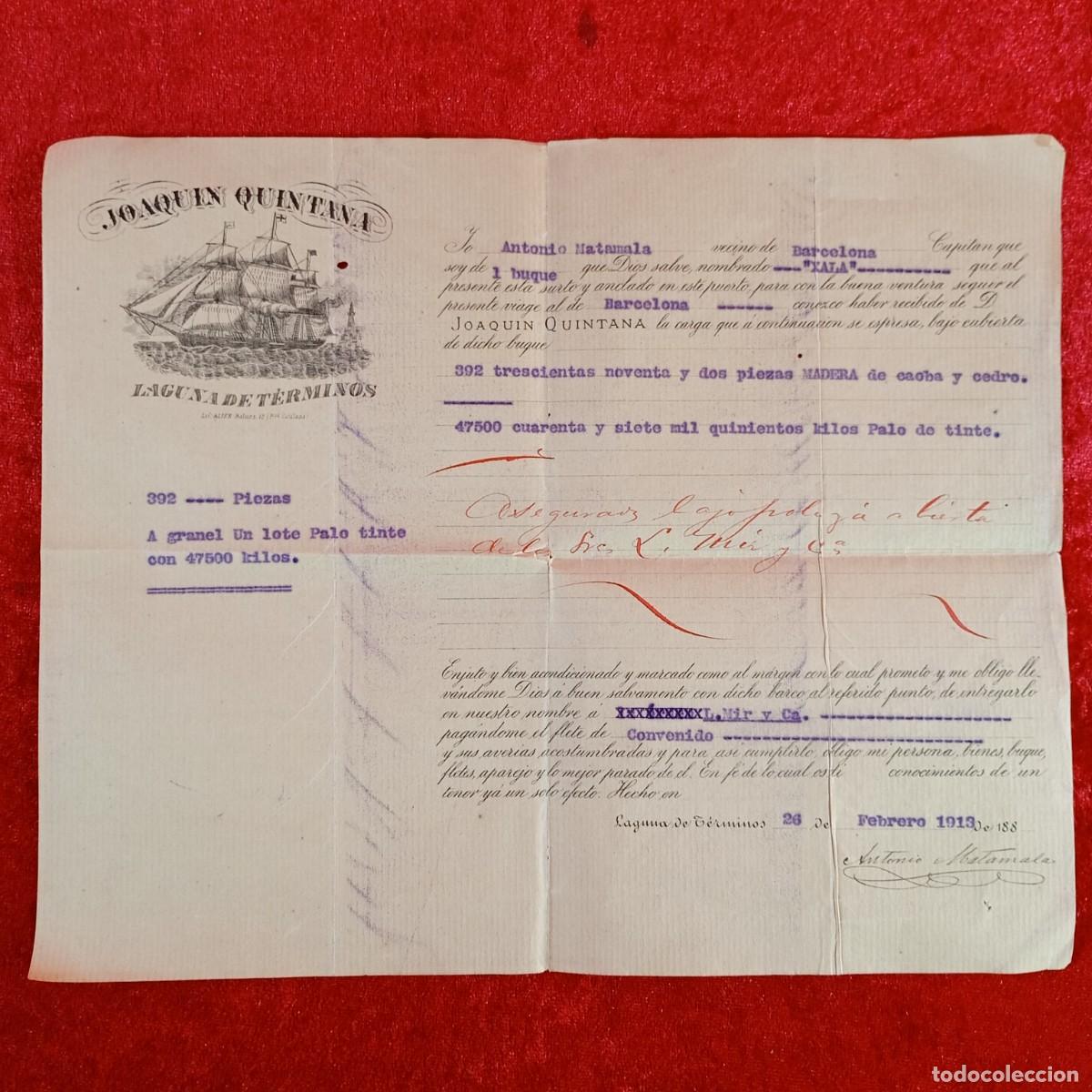 Facturas antiguas: FACTURA COMERCIAL - JOAQUIN QUINTANA LAGUNA DE T&Eacute;RMINOS - MATAMALA 1913 - BUQUES MERCANTILES / 3363