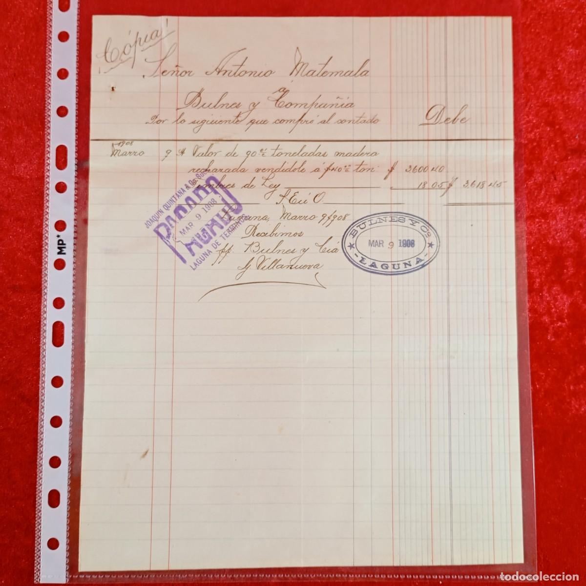 Facturas antiguas: FACTURA-RECIBO - JOAQUIN QUINTANA - ANTONIO MATAMALA - 1908 - EXPORTACION - VILASAR / 3376