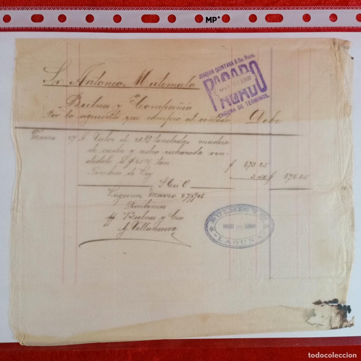 Facturas antiguas: FACTURA-RECIBO - JOAQUIN QUINTANA - ANTONIO MATAMALA - 1908 - EXPORTACION - VILASAR / 3377
