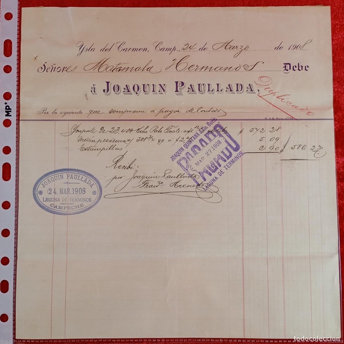 Facturas antiguas: FACTURA-RECIBO - JOAQUIN PAULLADA - HERMANOS MATAMALA - 1908 - EXPORTACION - VILASAR / 3379