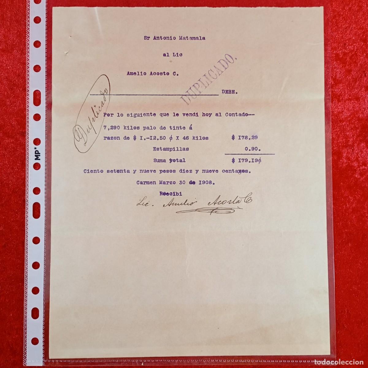 Facturas antiguas: FACTURA-RECIBO COMERCIAL - AMELIO ACOSTO - ANTONIO MATAMALA - 1908 - EXPORTACION - VILASAR / 3380