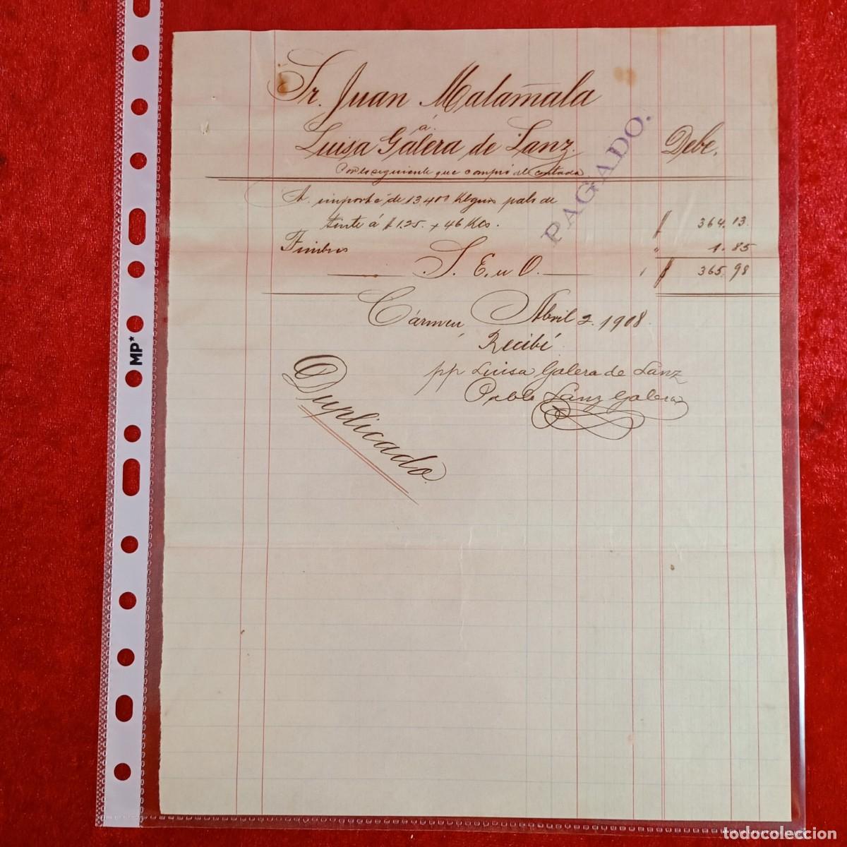 Facturas antiguas: FACTURA-RECIBO - LUISA GALERA DE SANZ - JUAN MATAMALA - 1908 - EXPORTACION - VILASAR / 3382