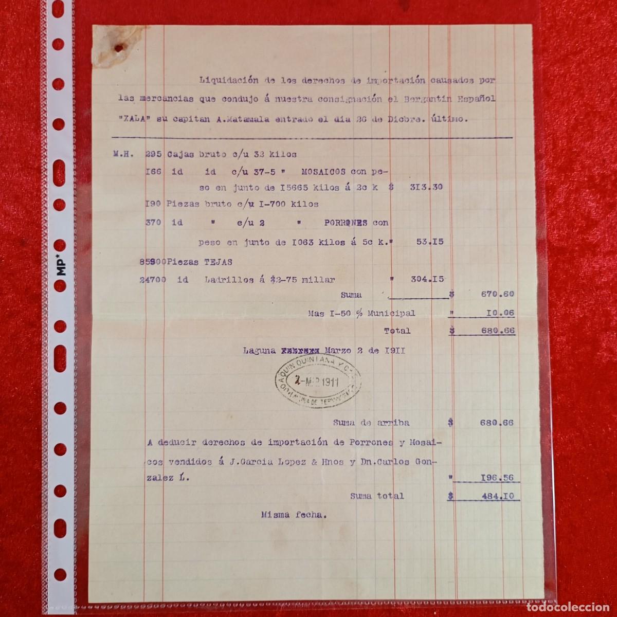 Facturas antiguas: FACTURA - BERGANTIN ESPA&Ntilde;OL XALA - JOAQUIN QUINTANA - 1911 - HERMANOS MATAMALA - EXPORTADORES / 3391