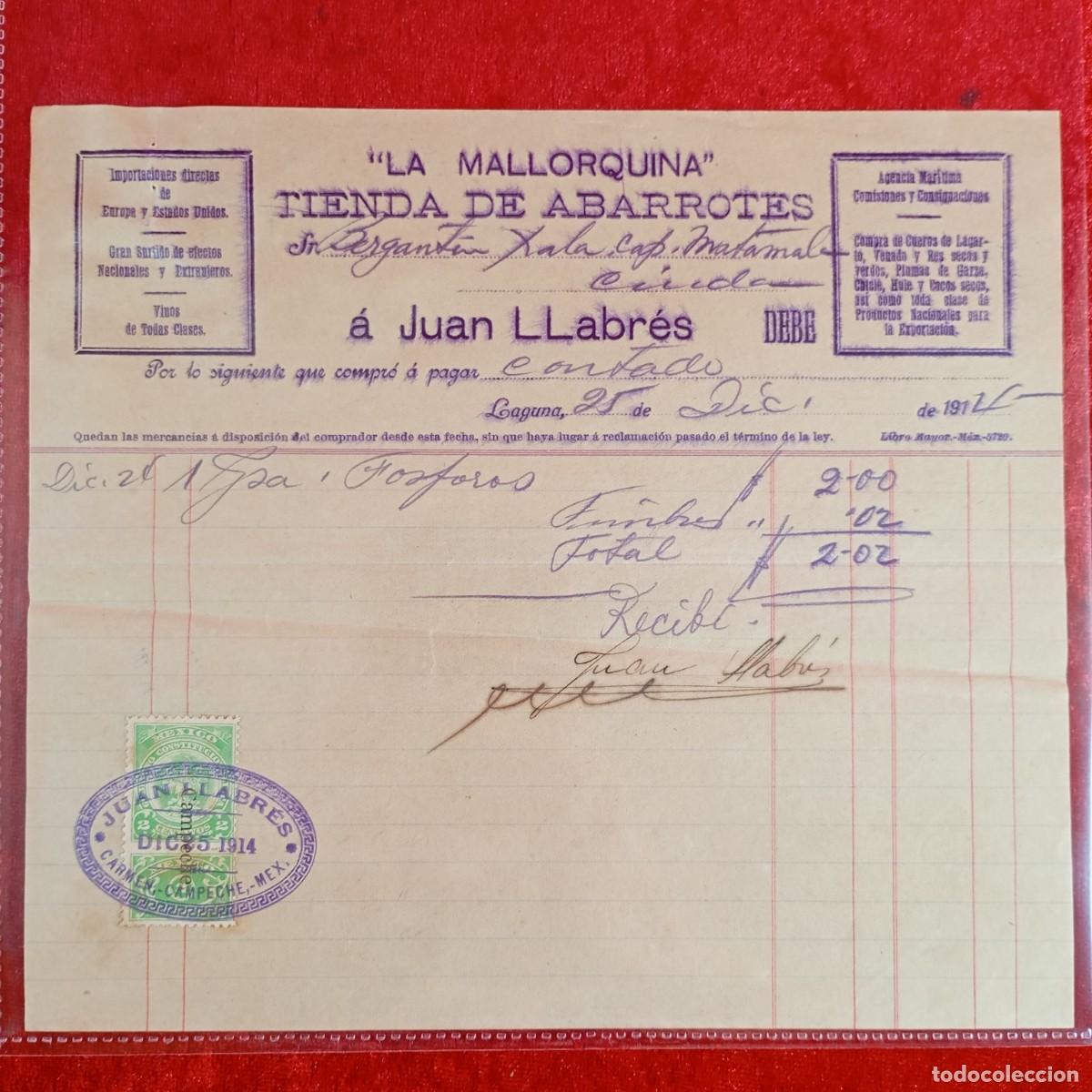 Facturas antiguas: FACTURA - BERGANTIN XALA - LA MALLORQUINA TIENDA DE ABARROTES - 1914 - MATAMALA -EXPORTADORES / 3402