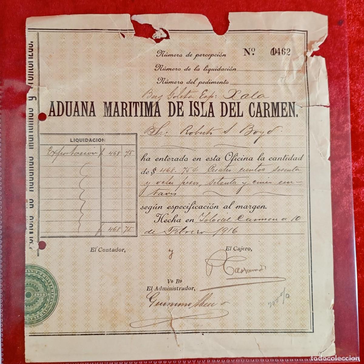 Facturas antiguas: FACTURA - ADUANA MARITIMA DE ISLA DEL CARMEN - BUQUE GOLETA XALA - MATAMALA - EXPORTADORES / 3407