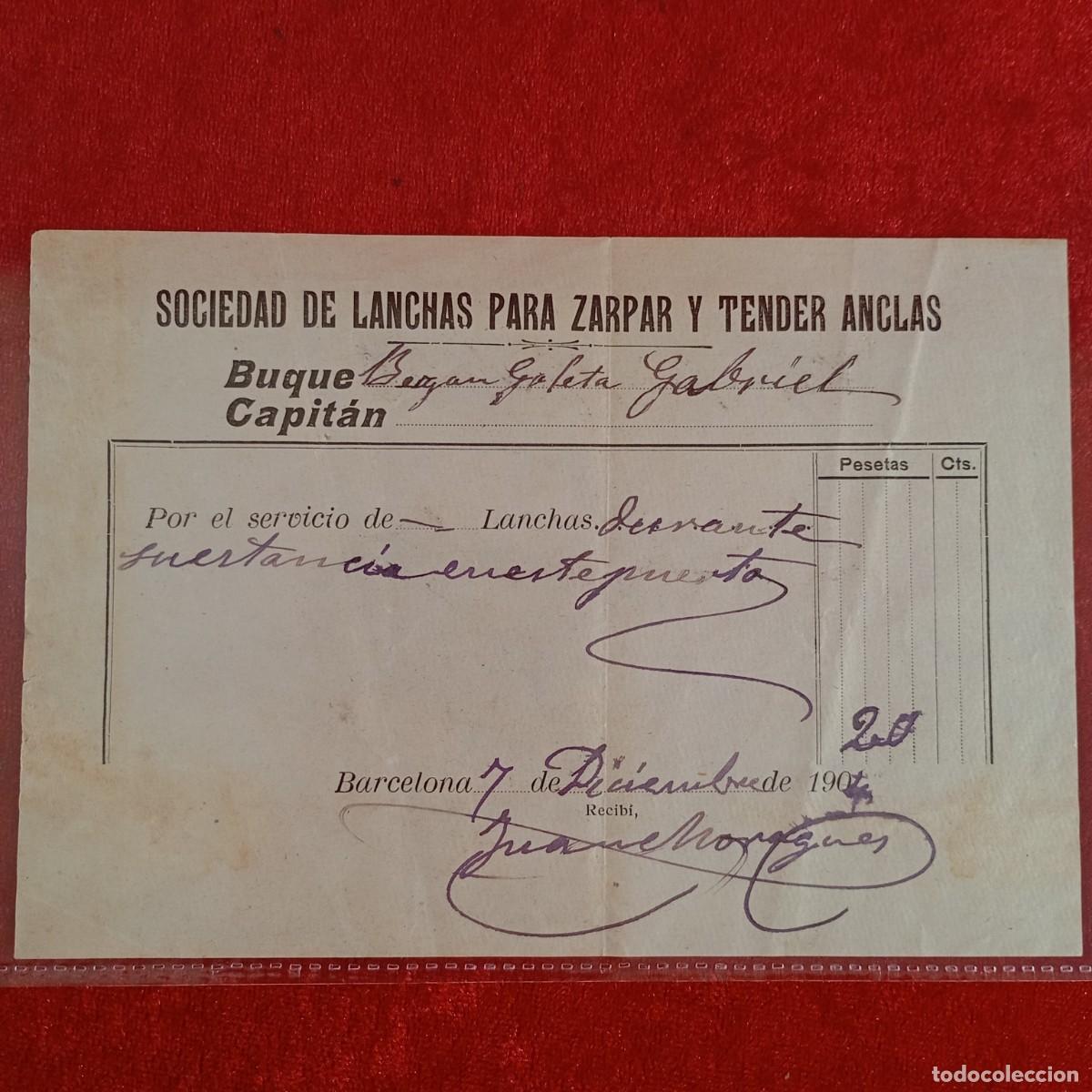 Facturas antiguas: FACTURA - SOCIEDAD DE LANCHAS - JUAN MORAGUES - BERGAN GOLETA GABRIEL - 1904 - MATAMALA / 3408