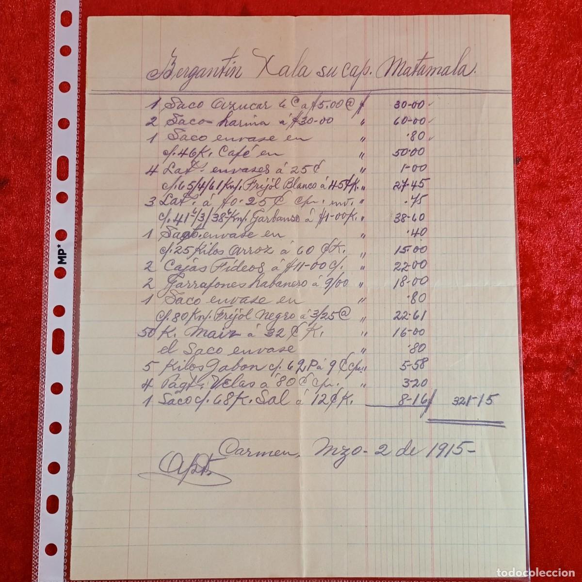 Facturas antiguas: FACTURA COMERCIAL - BERGANTIN XALA - 1915 - HERMANOS MATAMALA - EXPORTACION - VILASAR / 3413