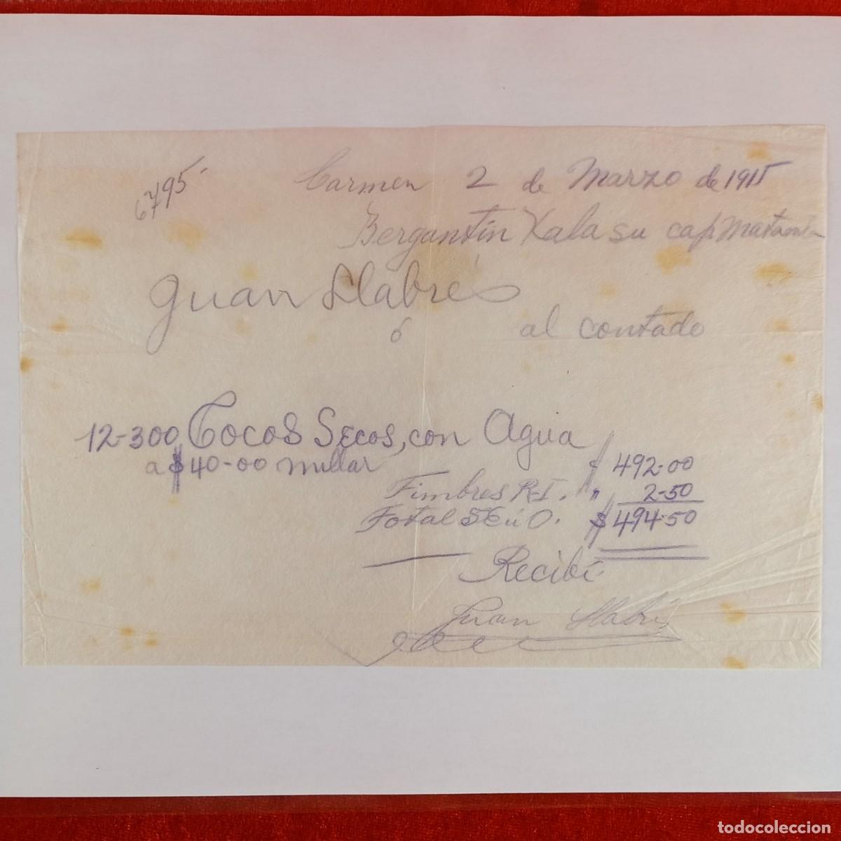 Facturas antiguas: RECIBO COMERCIAL - BERGANTIN XALA - JUAN LLABRES - 1915 - HERMANOS MATAMALA - EXPORTACION / 3414