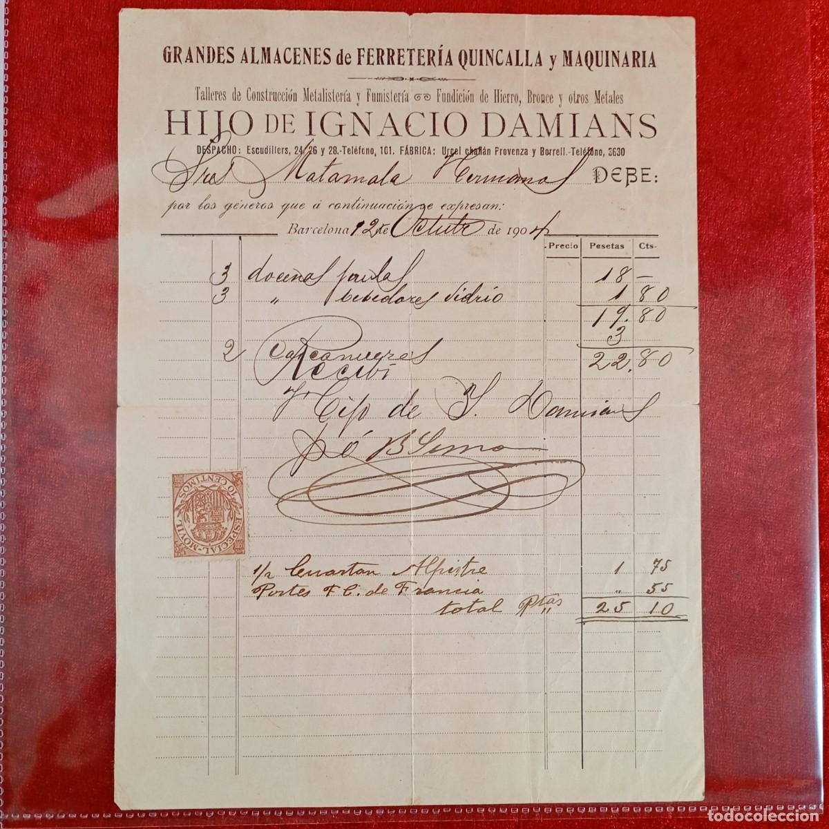 Facturas antiguas: FACTURA COMERCIAL - HIJO DE IGNACIO DAMIANS - HERMANOS MATAMALA - 1904 - EXPORTACION -VILASAR / 3415