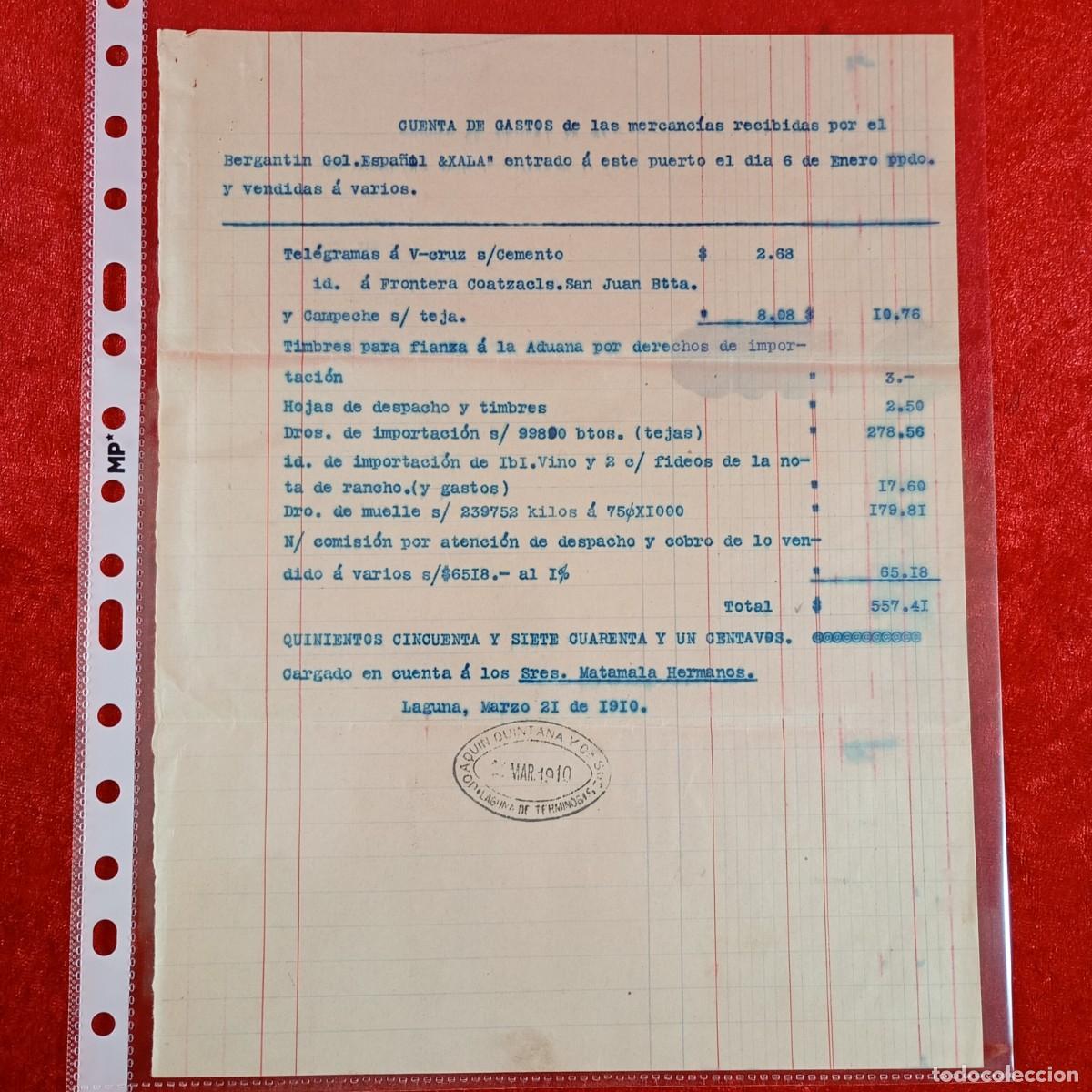 Facturas antiguas: FACTURA COMERCIAL - BERGANTIN GOL. ESPA&Ntilde;OL XALA - HERMANOS MATAMALA - 1910 - EXPORTACION / 3416