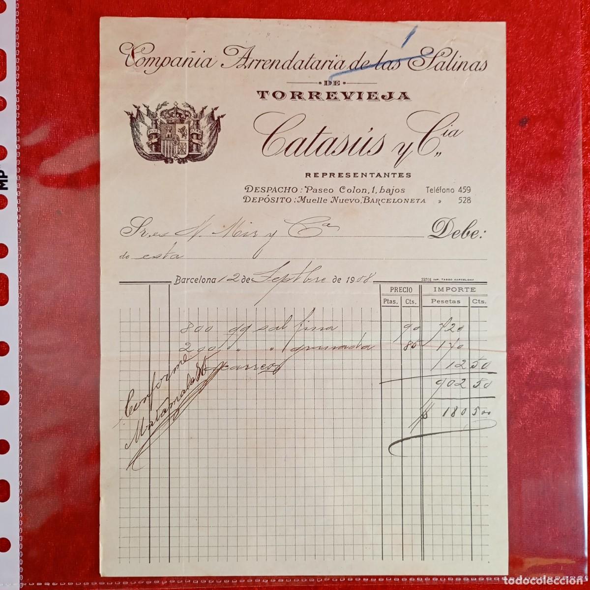Facturas antiguas: FACTURA COMERCIAL - CATAS&Uacute;S Y CIA - J. MIR Y CIA - 1908 - HERMANOS MATAMALA - EXPORTACION / 3418