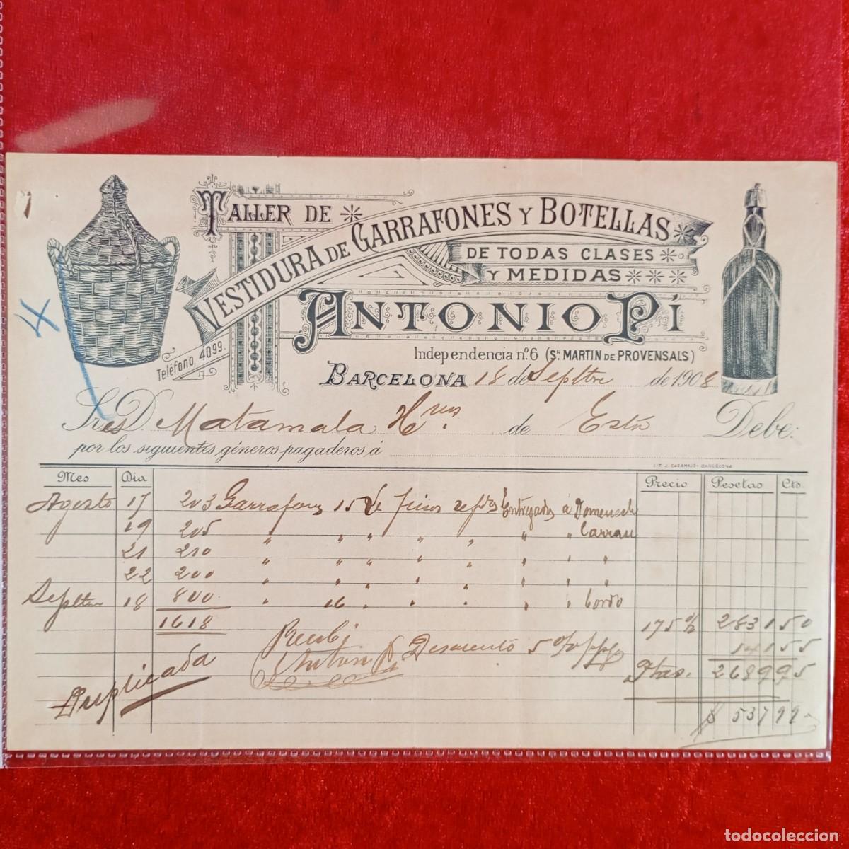 Facturas antiguas: FACTURA COMERCIAL - ANTONIO PI, VESTIDURA GARRAFONES - 1908 - HERMANOS MATAMALA - EXPORTACION / 3420