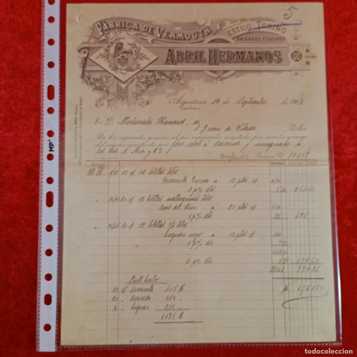 Facturas antiguas: FACTURA COMERCIAL - ABRIL HERMANOS, FABRICA VERMOUTH - 1908 - HERMANOS MATAMALA - EXPORTACION / 3421