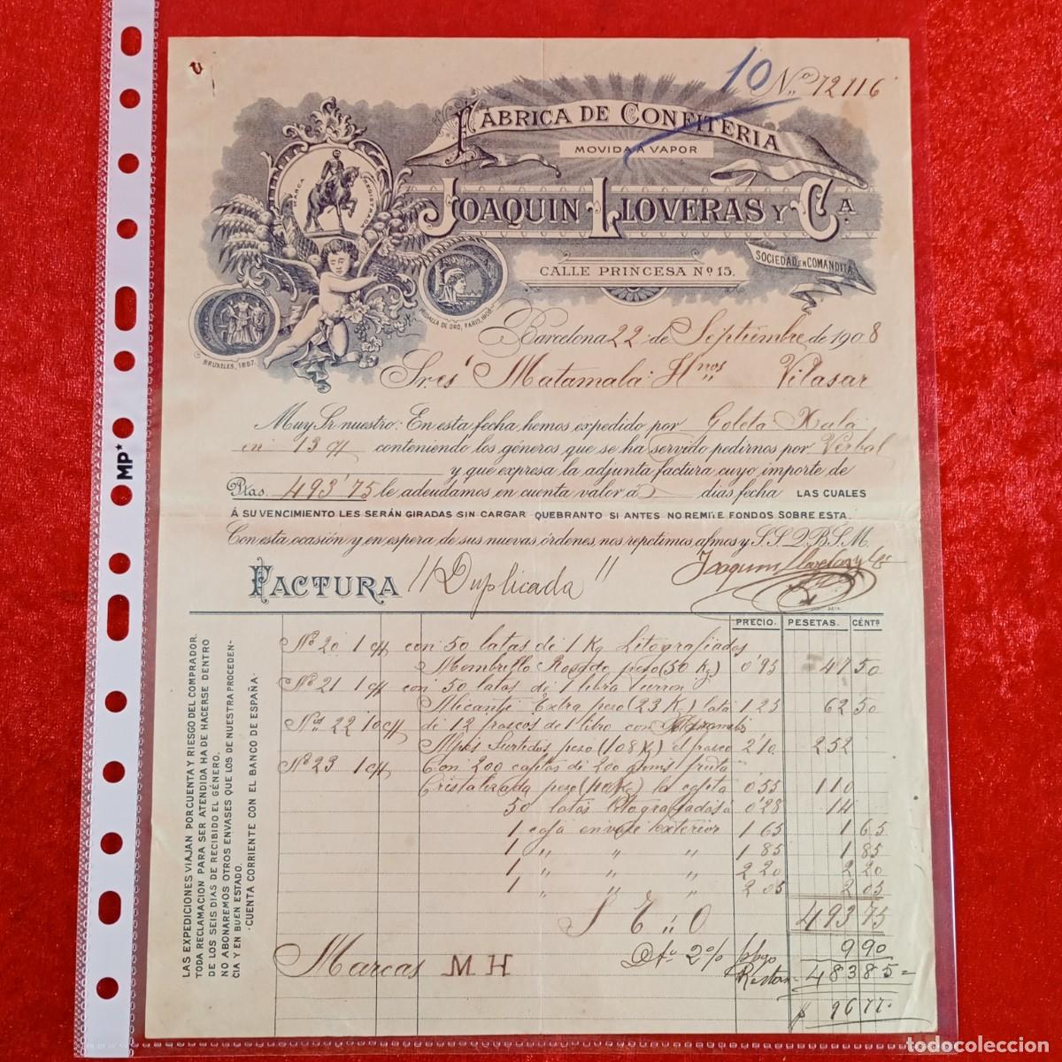Facturas antiguas: FACTURA COMERCIAL - JOAQUIN LLOVERAS CONFITERIA - 1908 - HERMANOS MATAMALA - EXPORTACION / 3425
