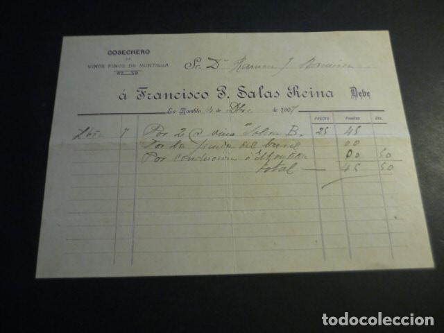 Facturas antiguas: LA RAMBLA CORDOBA COSECHERO VINOS MONTILLA FRANCISCO SALAS FACTURA 1907