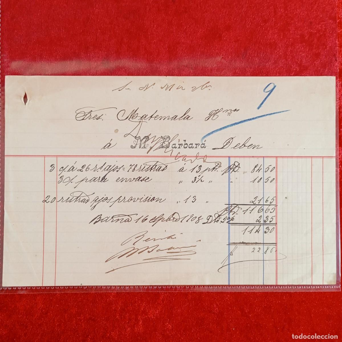 Facturas antiguas: FACTURA COMERCIAL - M. BARBAR&Aacute; - 1908 - HERMANOS MATAMALA - EXPORTACION - VILASAR / 3429