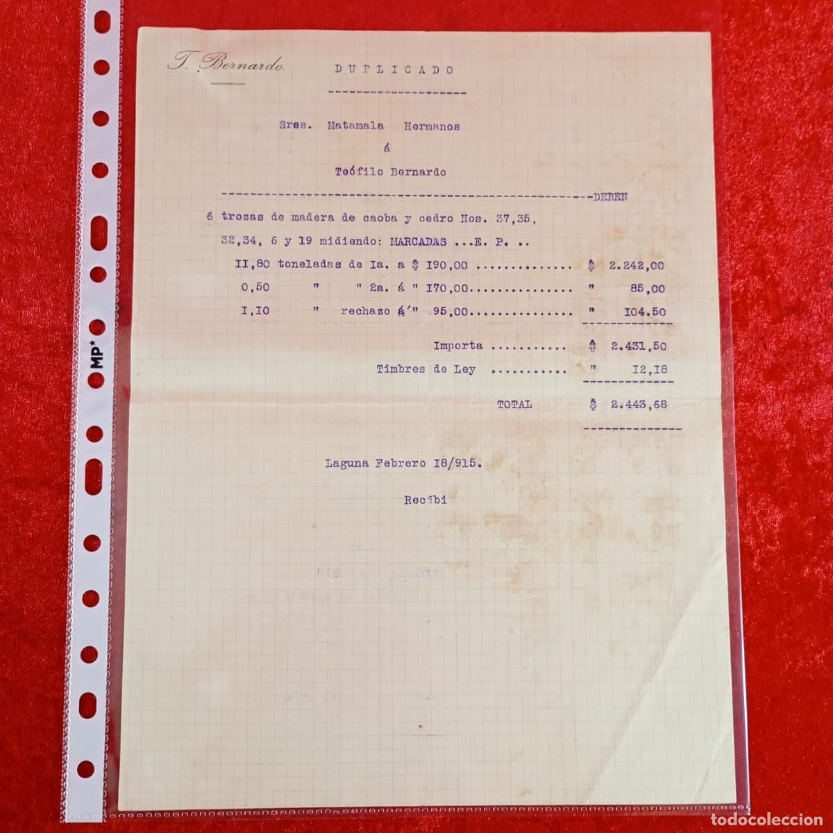 Facturas antiguas: FACTURA COMERCIAL - HERMANOS MATAMALA - TE&Oacute;FILO BERNARDO - 1915 - EXPORTACION - VILASAR / 3435