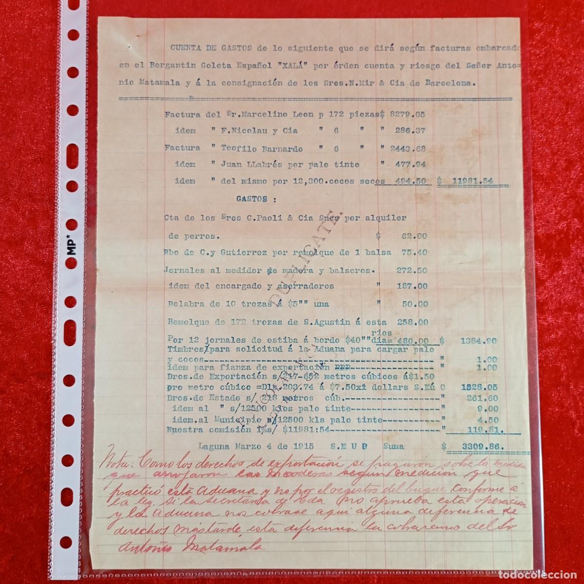 Facturas antiguas: FACTURA COMERCIAL - BERGANTIN GOLETA XALA - N. MIR & CIA - 1915 - MATAMALA - EXPORTACION / 3436