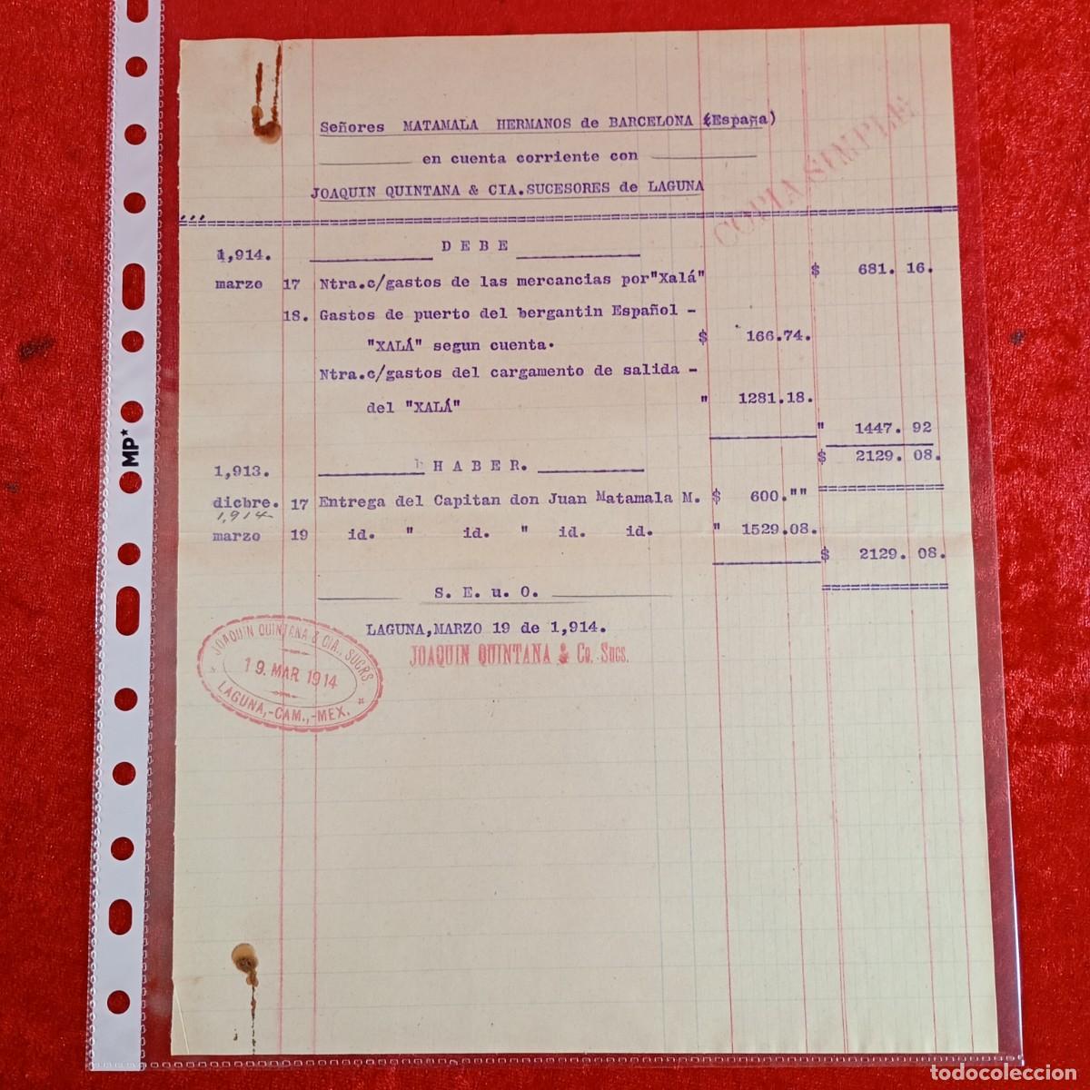 Facturas antiguas: FACTURA COMERCIAL - HERMANOS MATAMALA - JOAQUIN QUINTANA - 1914 - EXPORTACION - VILASAR / 3438