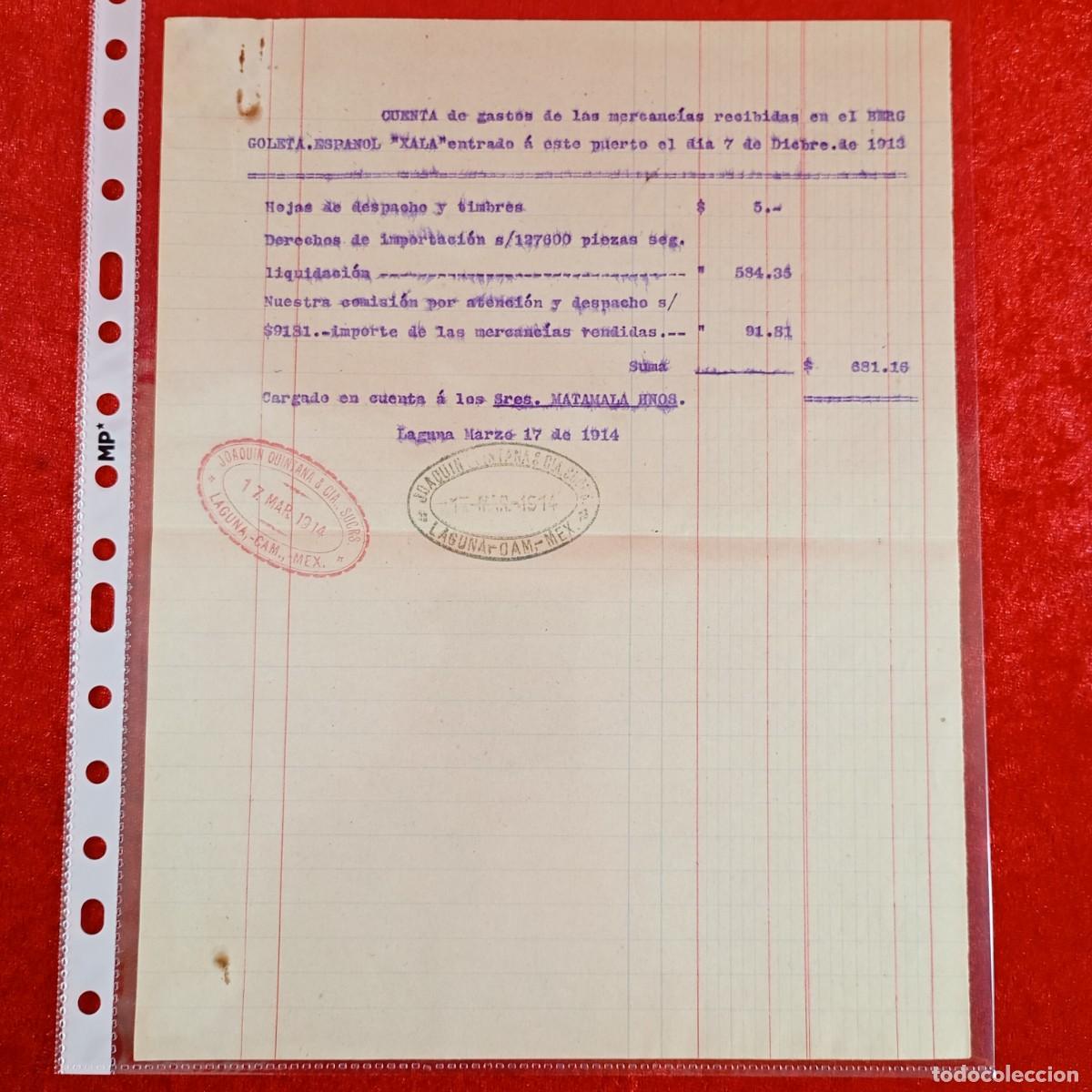 Facturas antiguas: FACTURA - MERCANCIAS RECIBIDAS BERG. GOLETA ESPA&Ntilde;OL XALA -1914 - HNOS. MATAMALA - EXPORTACION / 3439