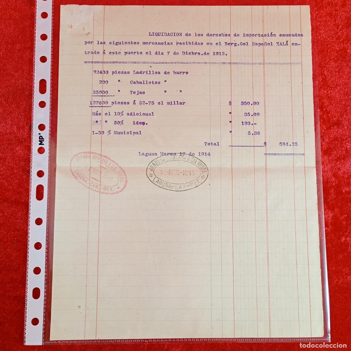 Facturas antiguas: FACTURA - DERECHOS IMPORTACION BERG. GOLETA ESPA&Ntilde;OL XALA -1914 - HNOS. MATAMALA - EXPORTACION / 3440