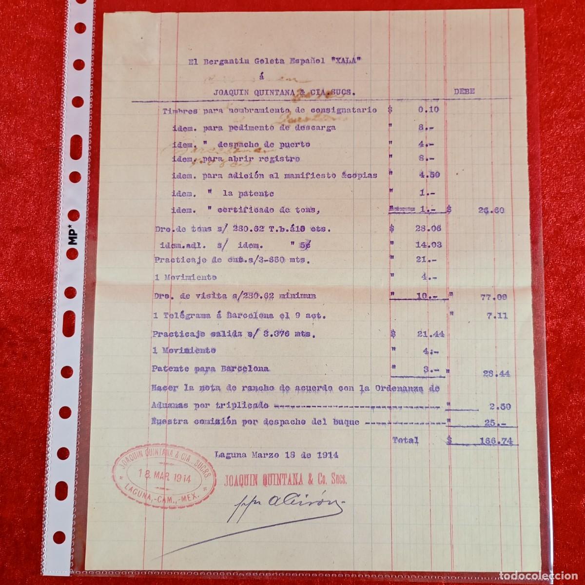 Facturas antiguas: FACTURA - BERG. GOLETA ESPA&Ntilde;OL XALA - JOAQUIN QUINTANA - 1914 - HNOS. MATAMALAO - EXPORTACION / 3441