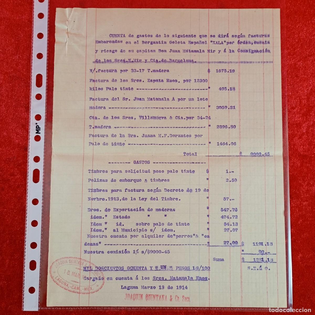 Facturas antiguas: FACTURA - BERGANTIN GOLETA ESPA&Ntilde;OL XALA - 1914 - HERMANOS MATAMALA - EXPORTACION - VILASAR / 3443
