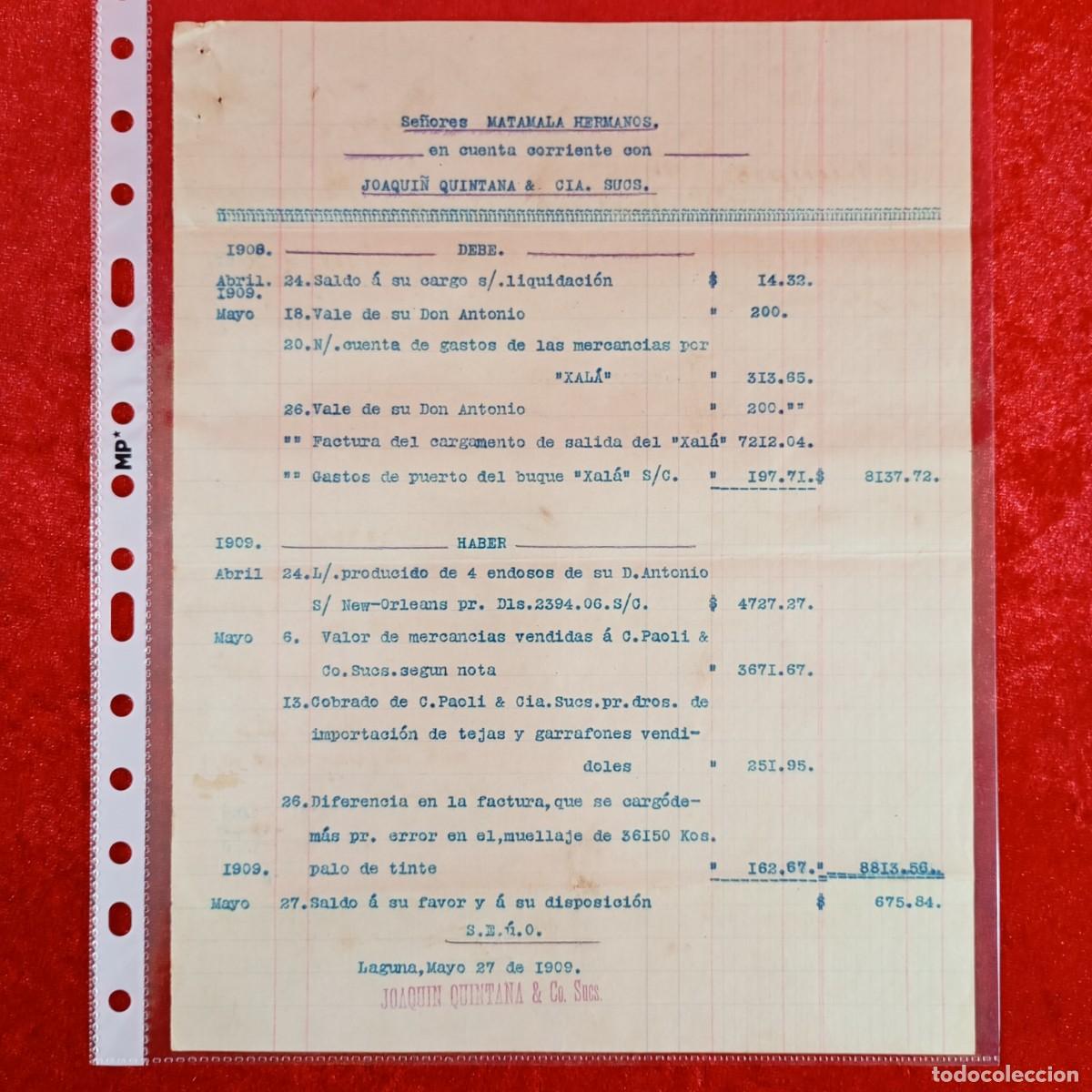 Facturas antiguas: FACTURA COMERCIAL - HERMANOS MATAMALA - JOAQUIN QUINTANA - 1909 - EXPORTACION - VILASAR / 3448