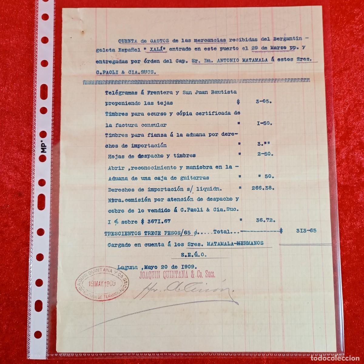 Facturas antiguas: FACTURA COMERCIAL - BERGANTIN GOLETA XALA - C. PAOLI & CIA - 1909 - MATAMALA - EXPORTACION / 3450