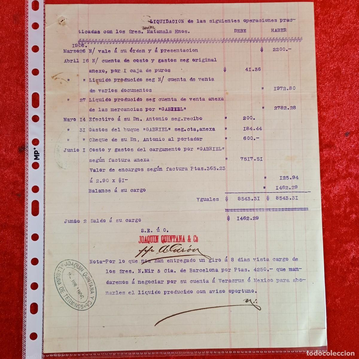 Facturas antiguas: FACTURA COMERCIAL - HERMANOS MATAMALA - JOAQUIN QUINTANA - 1906 - EXPORTACION - VILASAR / 3454