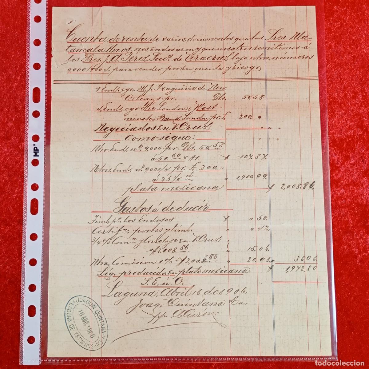 Facturas antiguas: FACTURA COMERCIAL - J.A. PEREZ SUCESORES - HERMANOS MATAMALA - 1906 - EXPORTACION - VILASAR / 3457